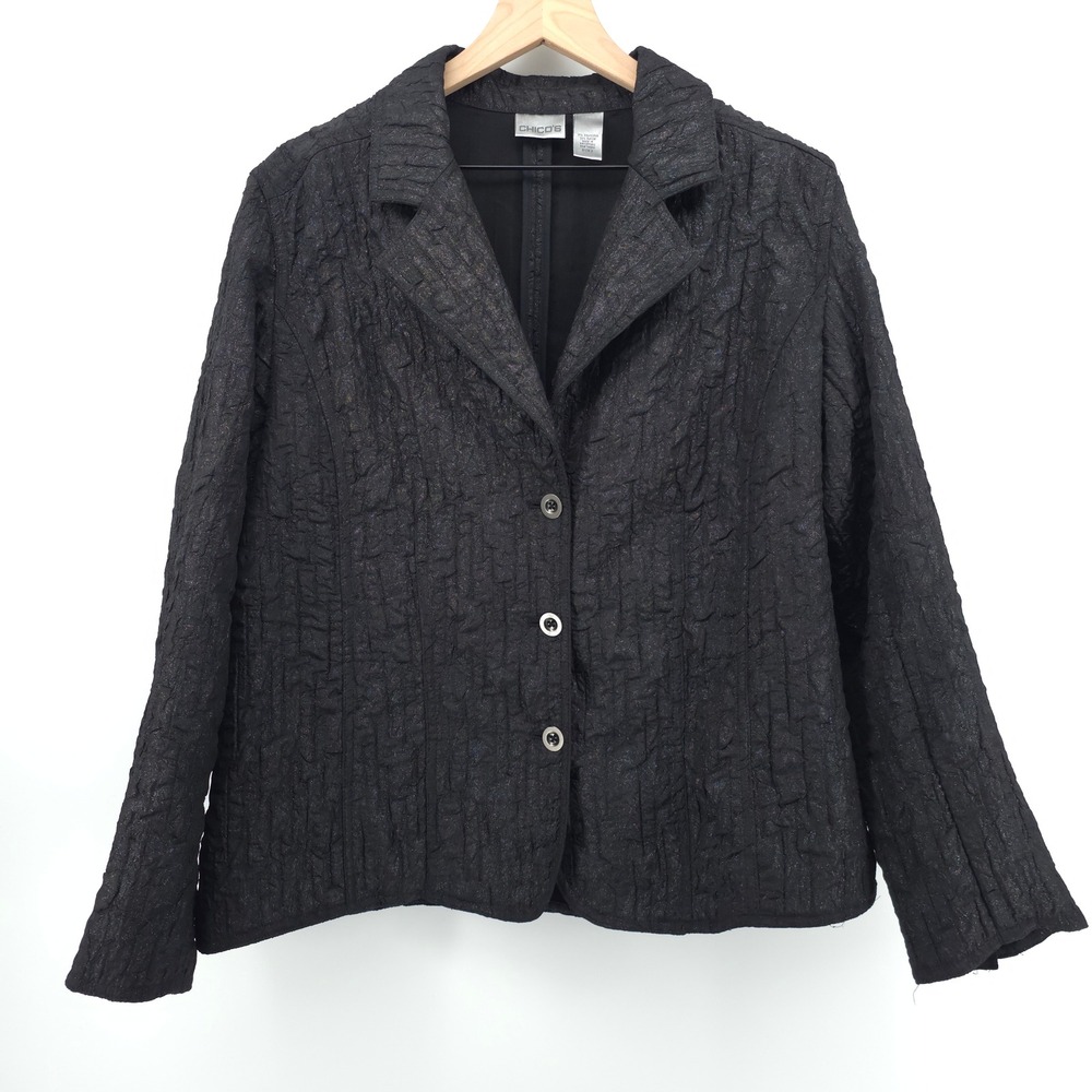 Chico's Women Blazer Size 3 Black Crinkle‎ Shimmer Button Front Jacket